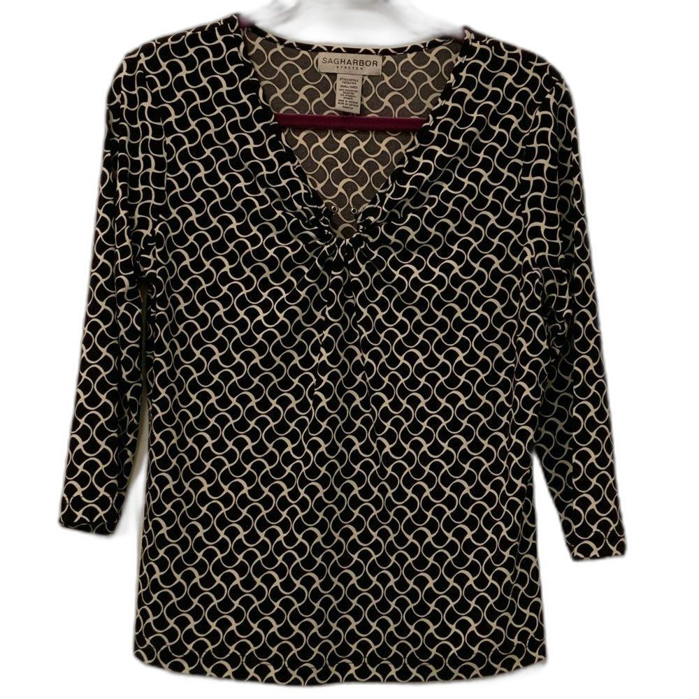 Sag Harbor Black and White V-Neck Top Small